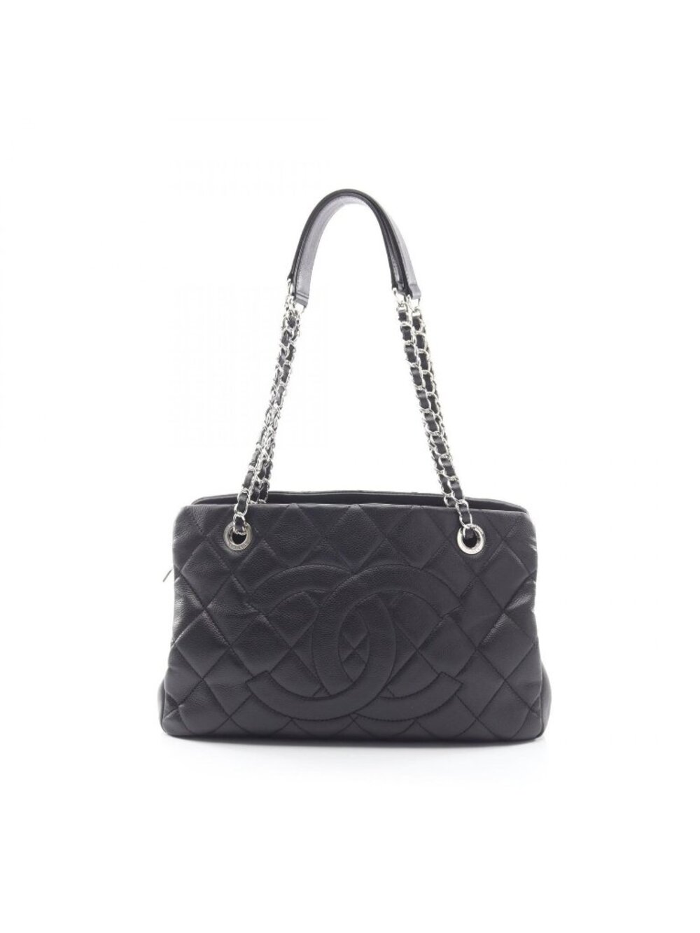 Chanel Tote Bag Quilted Big CC Logo Black Caviar Leather Chain